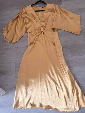 Zara Satin Mustard Twist-Front Midi Dress